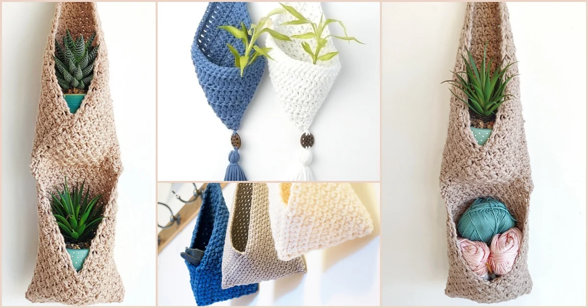 Modern crocheted hanging planters in beige, blue, and white elegantly cradle small pots filled with plants and yarn balls.