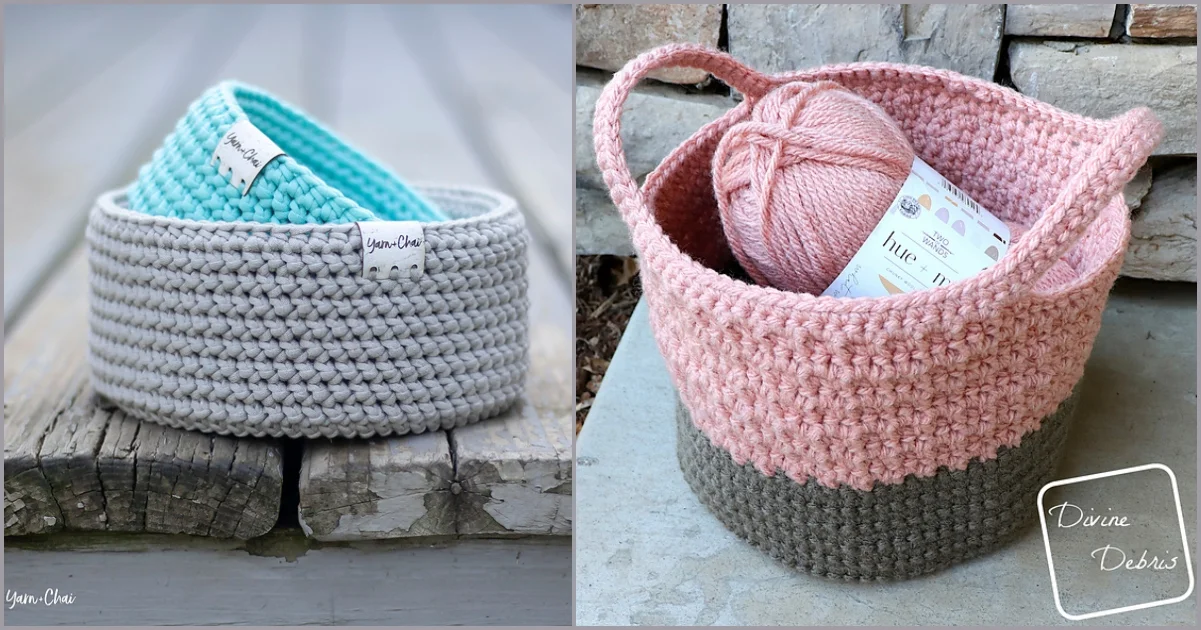 Two crochet baskets: a stack of small, colorful spring baskets on the left, and a larger pink and gray basket with yarn inside on the right.