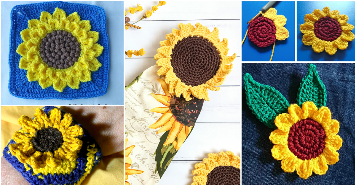 Collage of crocheted sunflowers for Ukraine features diverse designs and backgrounds, showcasing both square and circular patterns on various colored surfaces.