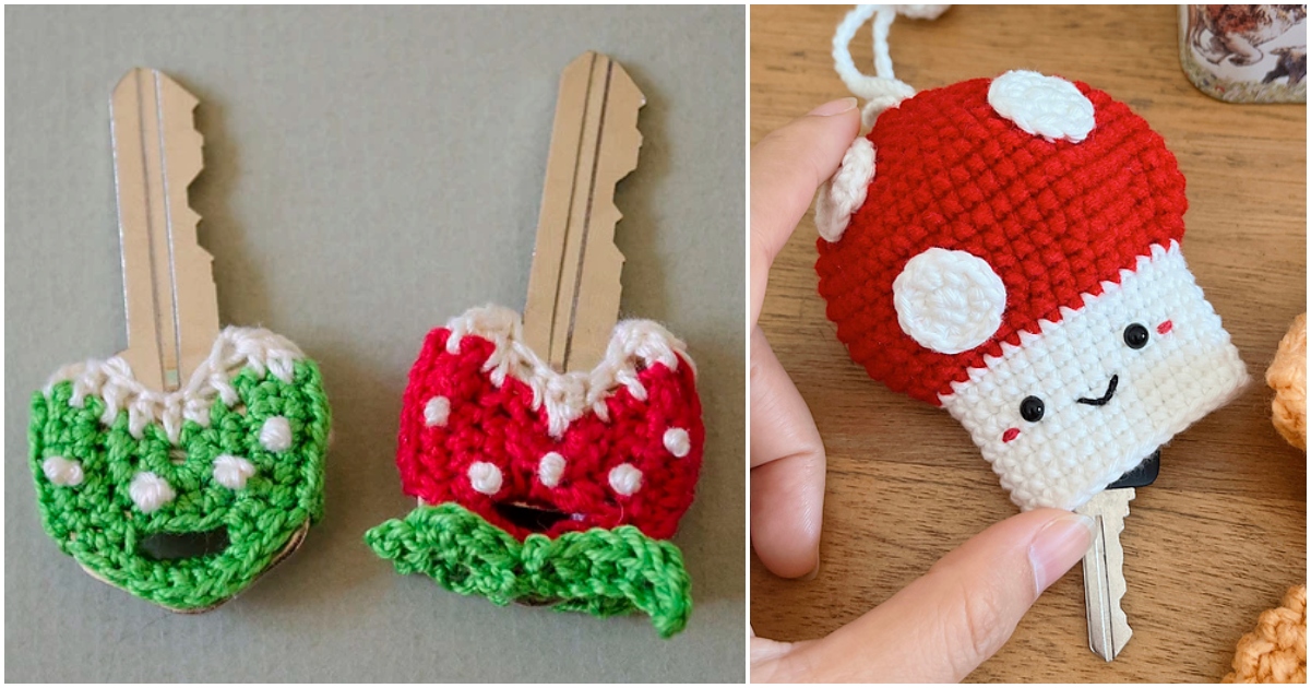 Two keys boast green and red key covers with crochet designs and white polka dots, resembling plants. A third key features a crochet mushroom cover with a smiling face, adding a whimsical touch.