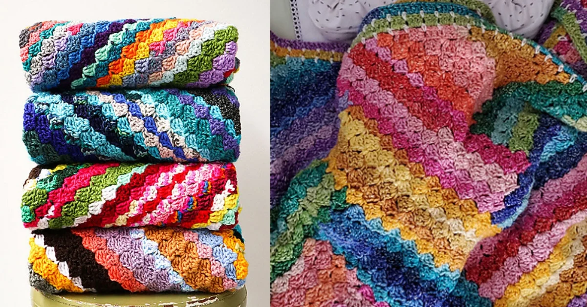 Stacked multicolored crocheted blankets on the left showcase various C2C Blanket possibilities, while a close-up on the right highlights a colorful crocheted blanket pattern.