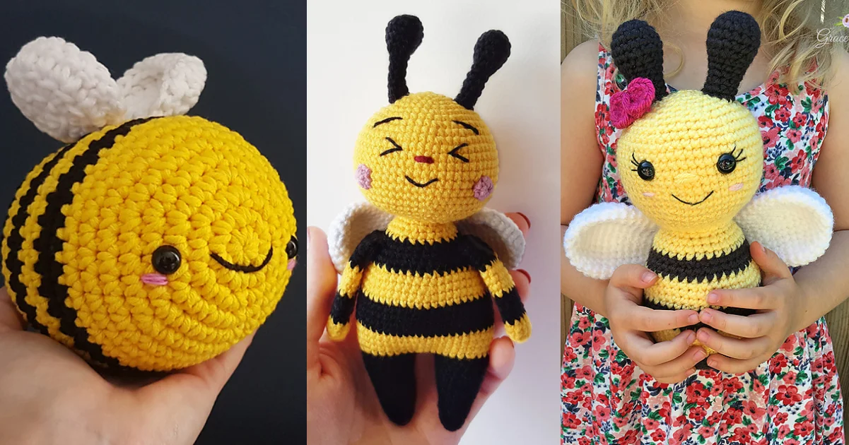 Three amigurumi bee toys, each showcasing a unique design, are delicately held by hands or a child in a floral dress.