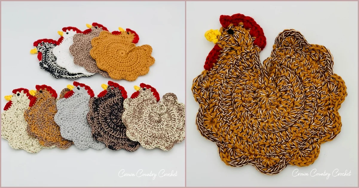 Easter-themed crocheted chicken pot holders in an array of vibrant colors are beautifully displayed on a white background.