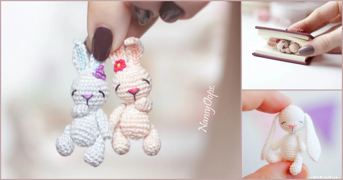 Two small crocheted bunnies are held by a hand with painted nails. The bunnies are in different poses, and nearby, an image of a tiny bunny graces the open pages of a book.