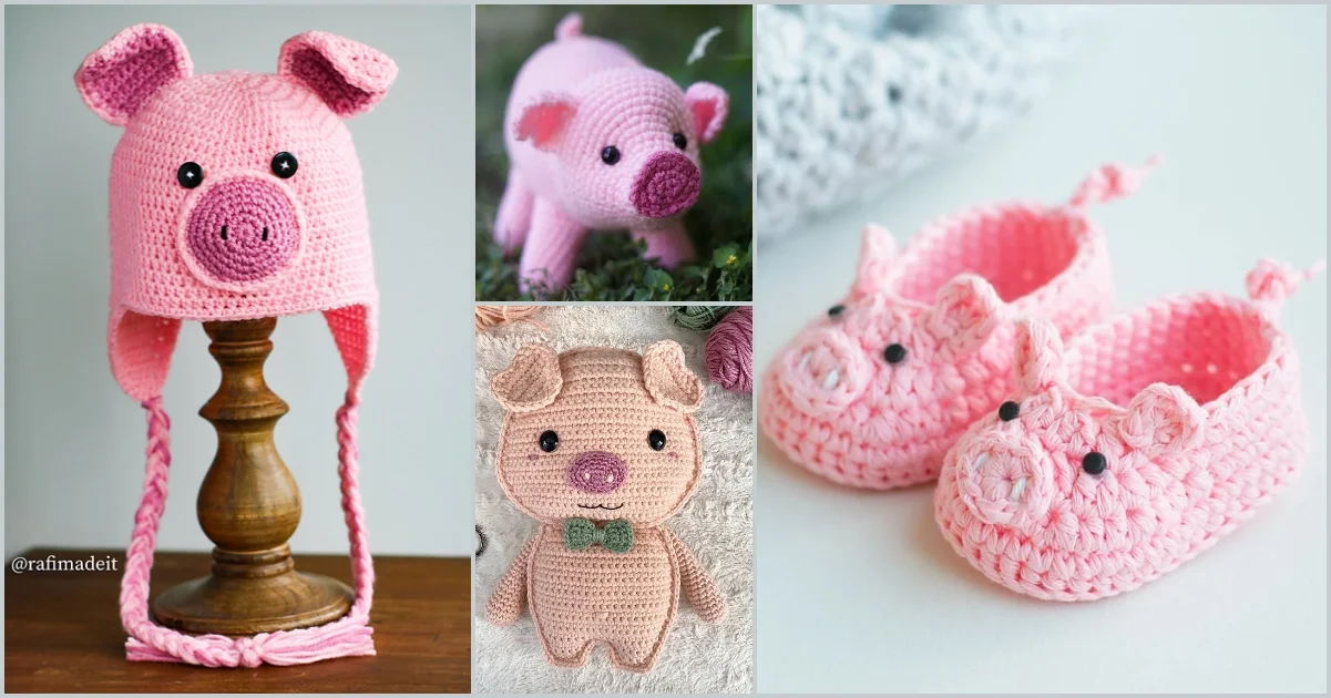 Discover adorable pig-themed crochet creations, perfect for inspiring new pig ideas. Featured in four images are a charming hat, an endearing toy, and delightful baby shoes—all lovingly handcrafted in pink.