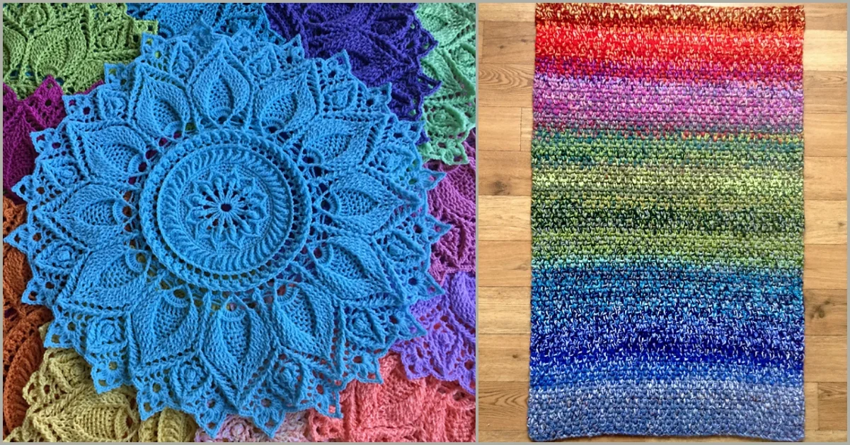 Left: Intricate blue crochet mandala on colorful fabric. Right: Rectangular crochet blanket with a gradient from red to blue, reminiscent of a vibrant spring rug, lying elegantly on a wooden floor.