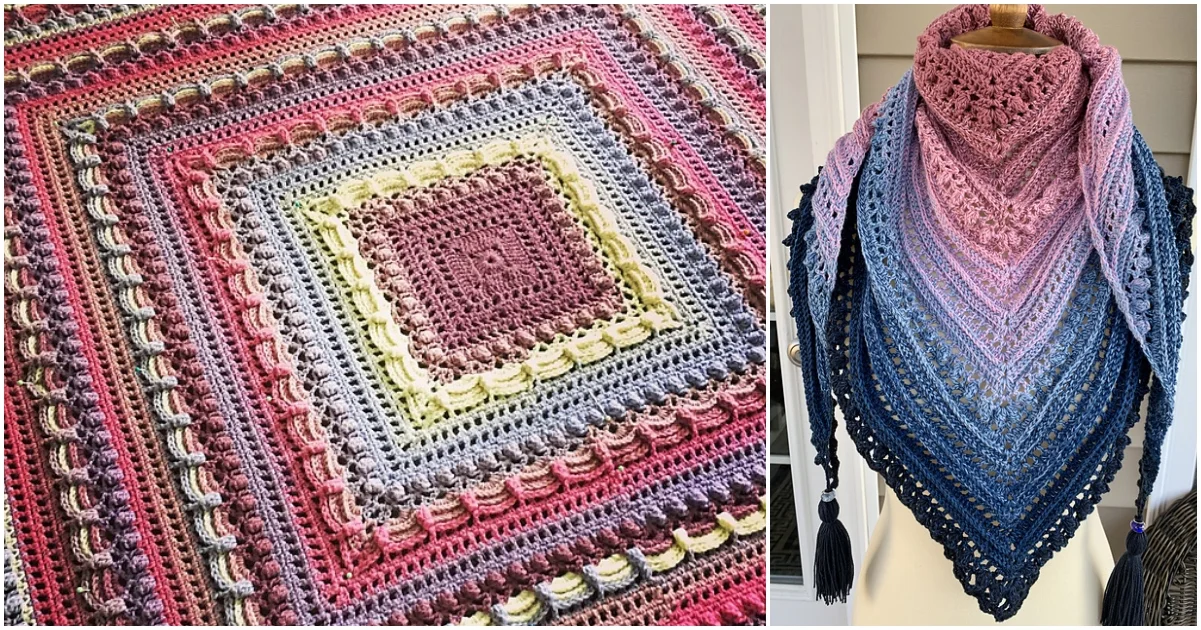 A colorful crochet blanket with intricate square patterns on the left and a beautifully crafted triangular shawl crochet pattern in shades of pink and blue, adorned with tassels, on the right.