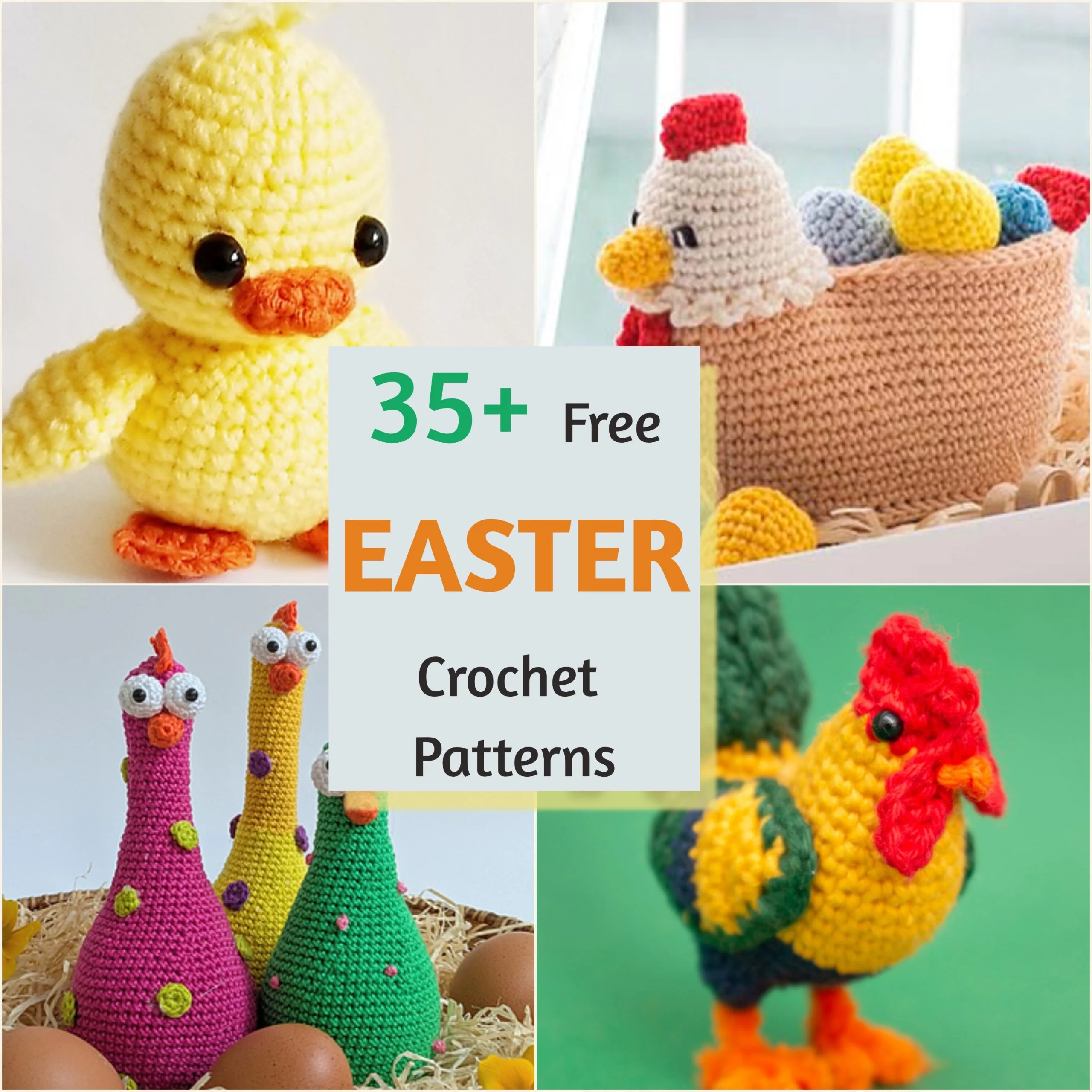 Collage of crocheted Easter animals, including a yellow chick, a hen with eggs, colorful chickens, and a rooster, with a text overlay: "35+ Free Easter Crochet Patterns"—perfect inspiration for your next easter crochet patterns project.