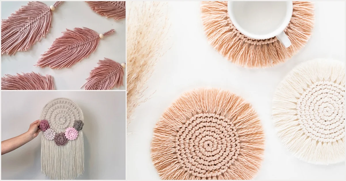 Various macramé crafts: pink feathers, a cream wall hanging with flowers, a cup on a beige coaster, and a white round coaster, all perfect boho-style decorations.