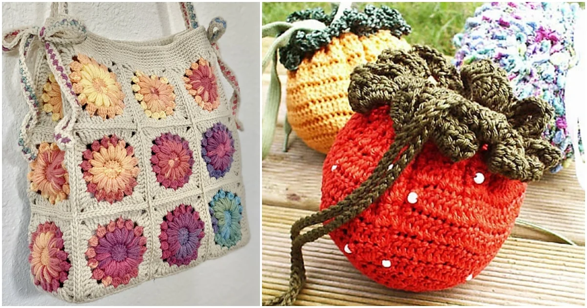 A vibrant summer bag featuring multicolored square patterns on the left and three charming crochet fruit-themed pouches on the right, including a tomato design, all elegantly displayed on a wooden surface.