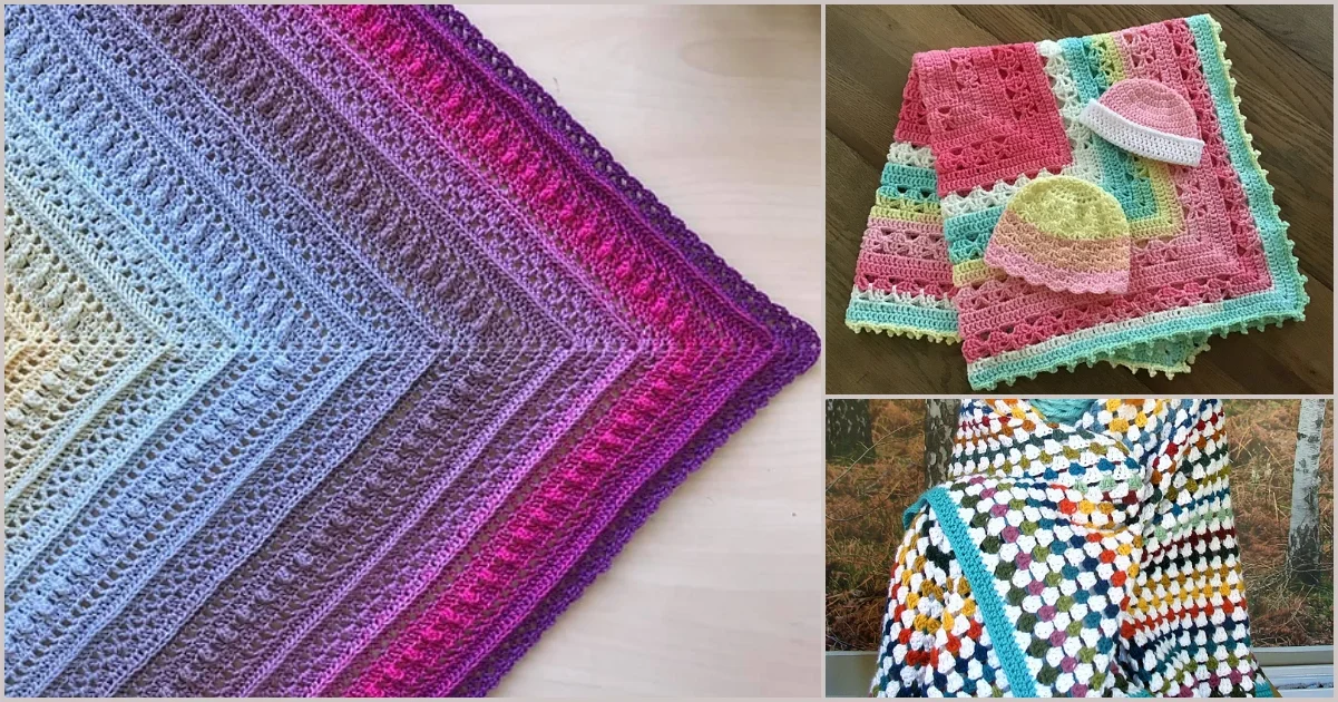 Collage of crochet items: a square baby blanket in pastel shades accompanied by two hats, a striking chevron blanket in rainbow gradients, and a multicolored granny square blanket.