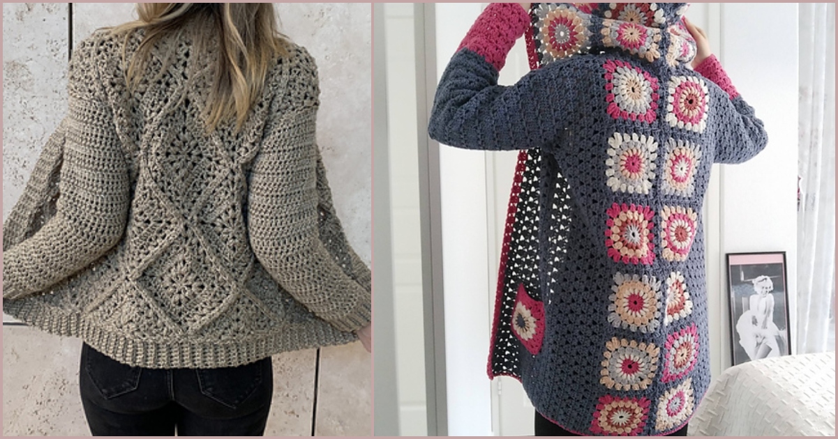 Two people wearing summer cardigans: the left in beige with a diamond pattern, the right in a multicolored design with square motifs. Both are shown from the back.