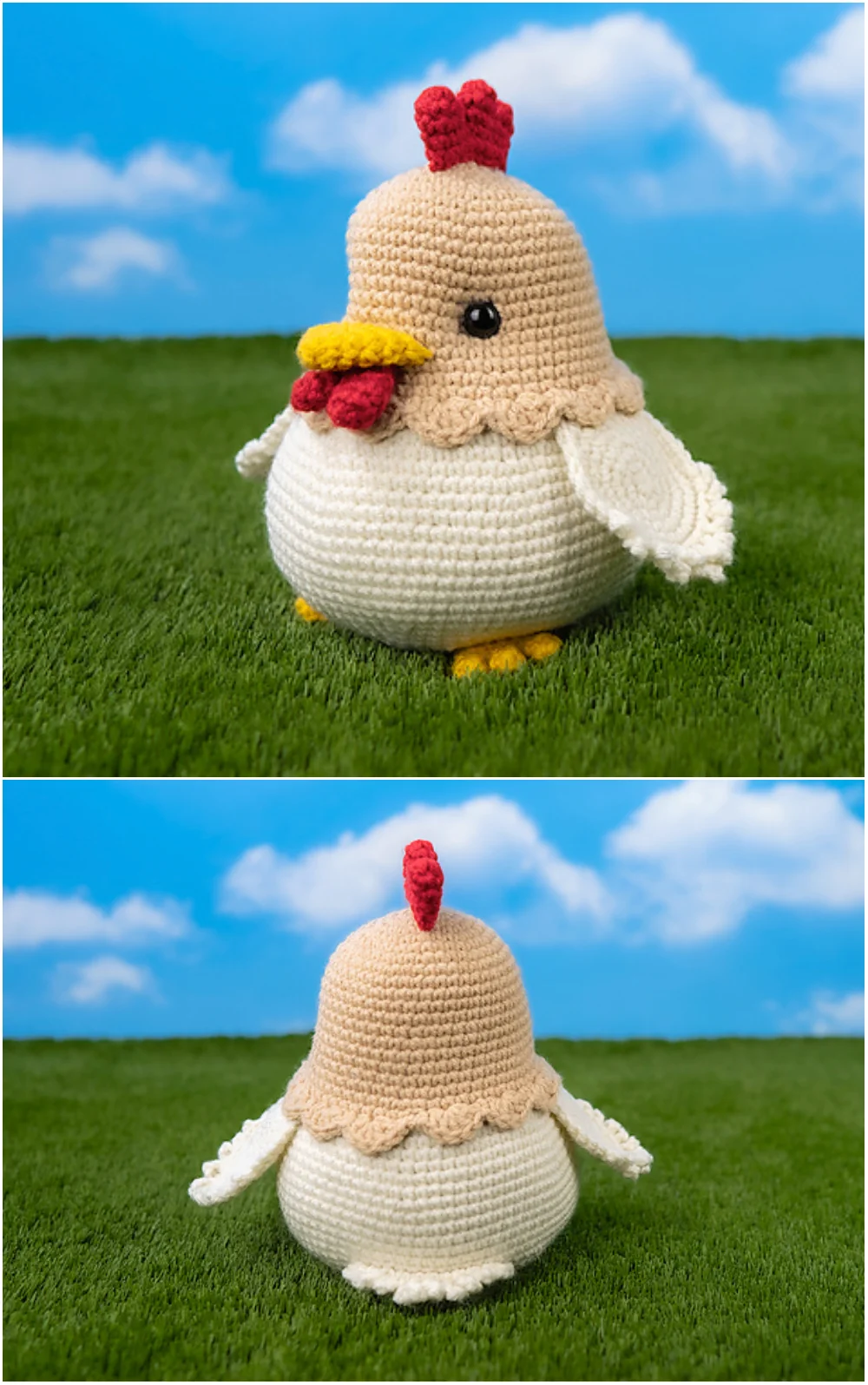 A crocheted chicken plush with yellow beak, red comb, and wings stands on green grass against a blue sky with clouds, shown from the front and back—perfect inspiration for Easter crochet patterns.