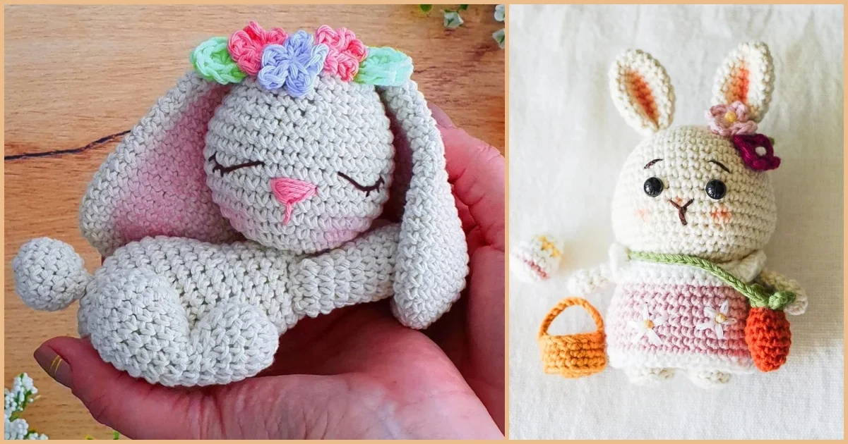 Two crocheted animals: an Easter rabbit sleeping with a flower crown on the left and a standing bunny with a basket and a flower on its ear on the right.