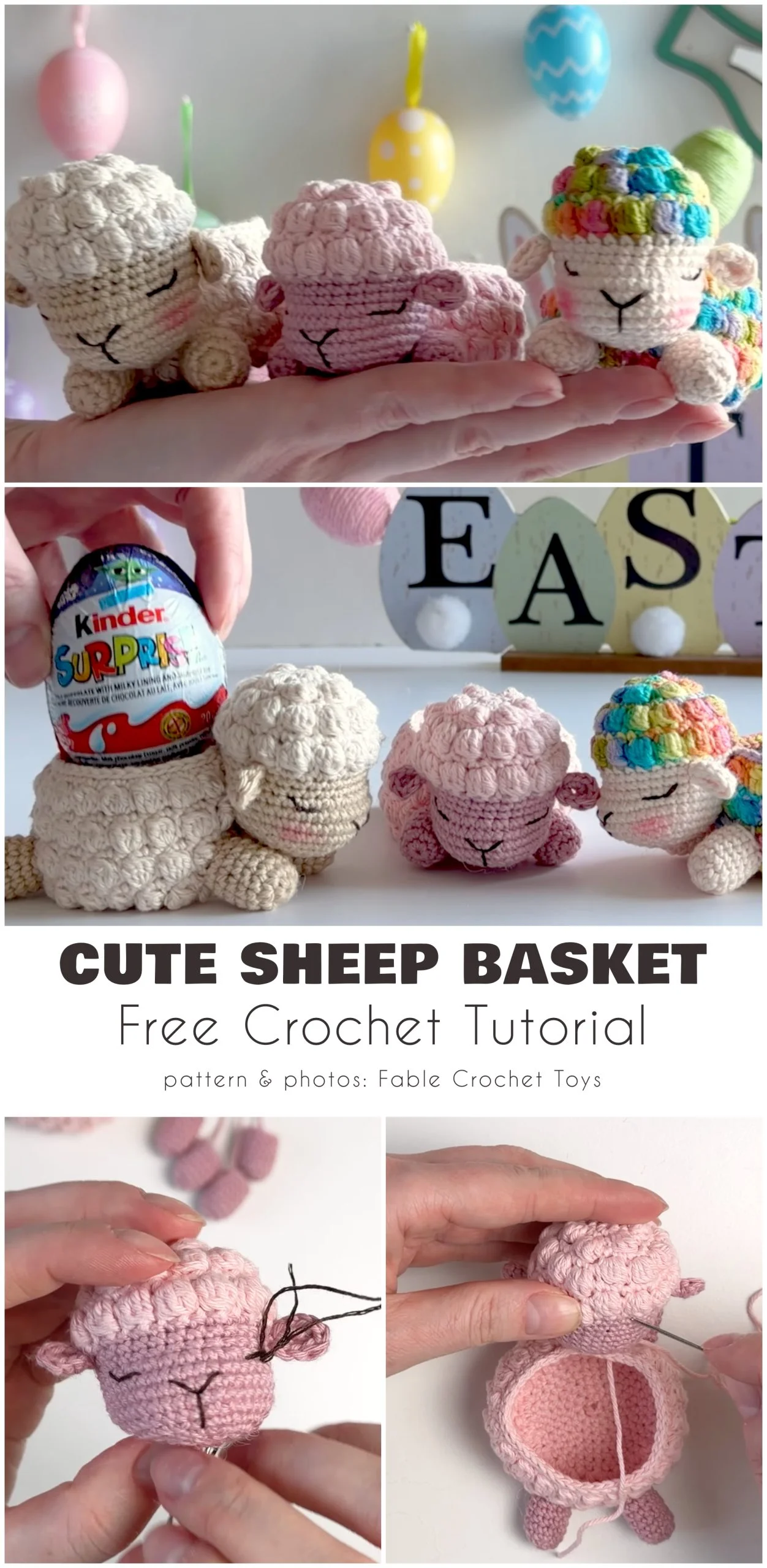 A collage showing crocheted sheep baskets, one holding a Kinder Surprise egg, with step-by-step photos of the crochet process. Text reads: "Cute Sheep Basket Free Crochet Tutorial—perfect for Easter crochet patterns.