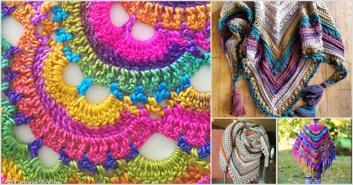 Colorful crochet designs featuring multicolored patterns and tassels, showcasing vibrant shawl displays. Enjoy close-up details and full shawl layouts in a variety of arrangements.