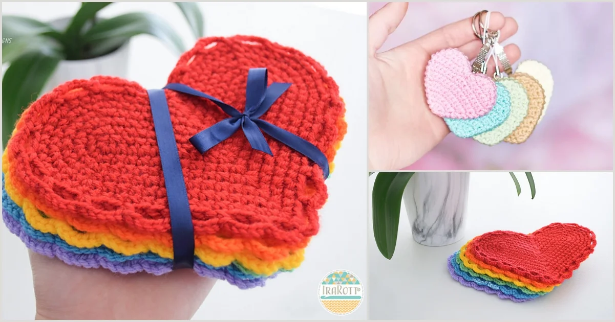 Three images of colorful crocheted heart-shaped coasters, perfect for Mother's Day, featuring a blue ribbon and keychain attachment, with a stack beautifully displayed near a plant.