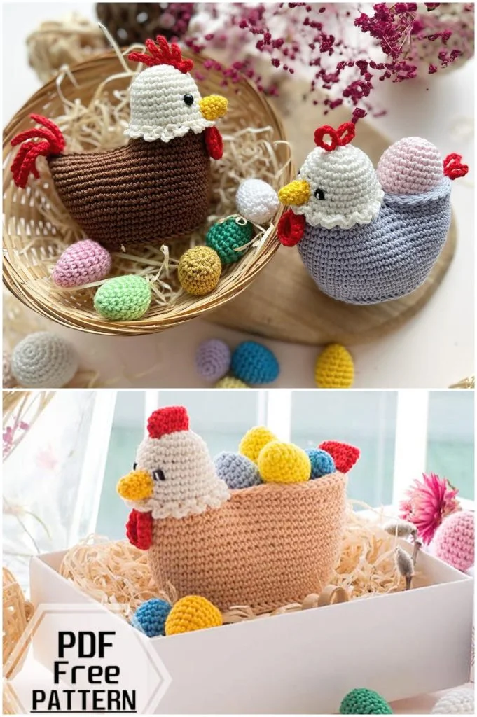 Crocheted chicken baskets filled with colorful crocheted eggs are displayed on a table, surrounded by decorative yarn eggs and flowers, making charming examples of Easter crochet patterns.