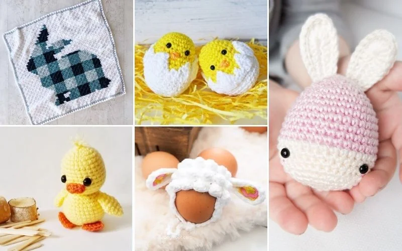 A delightful collage of crochet crafts: a rabbit on a cloth, two hatching chicks, a small chick, and an egg with sheep ears feature alongside a pink bunny head. Perfect Easter crochet patterns for adding charm to your spring decor!