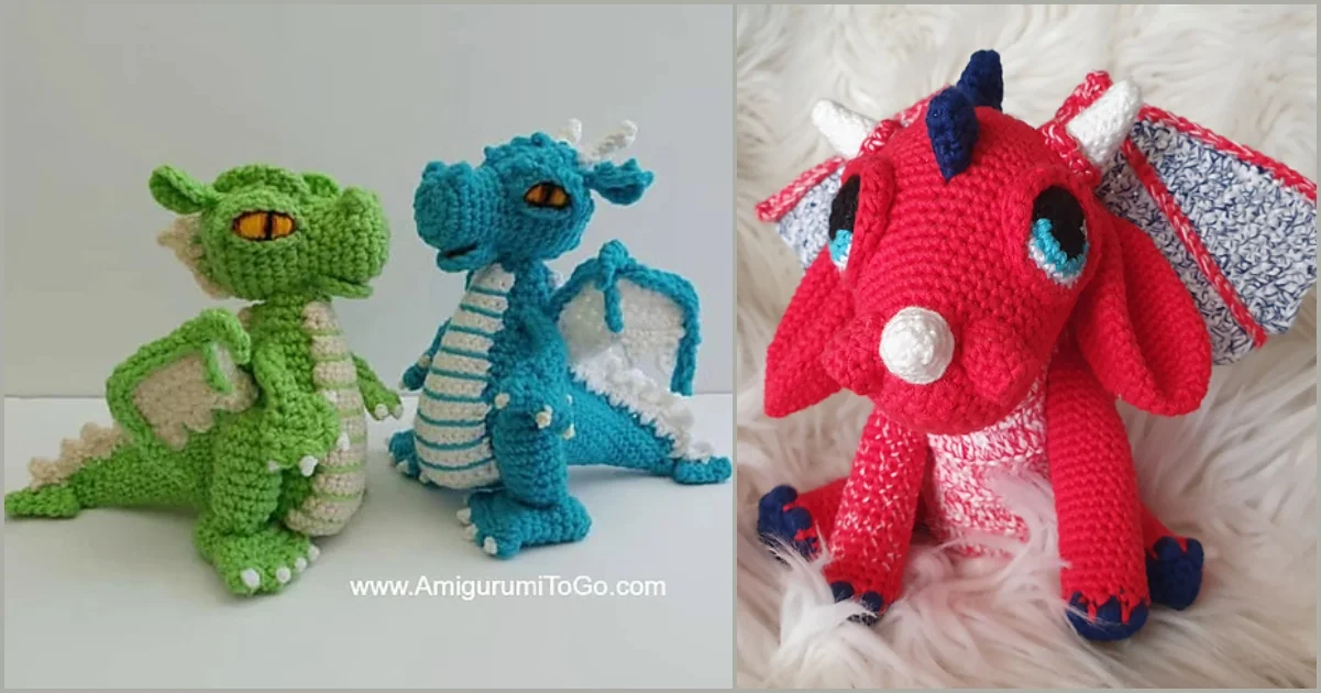 Three amigurumi dragons: one green, one blue with stripes, and one red with patterned wings, placed on a white surface.