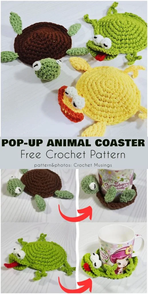 Three crocheted animal coasters shaped like turtles are shown, with close-ups demonstrating how they pop up to cradle a mug; caption reads "Pop-Up Animal Coaster Free Crochet Pattern.