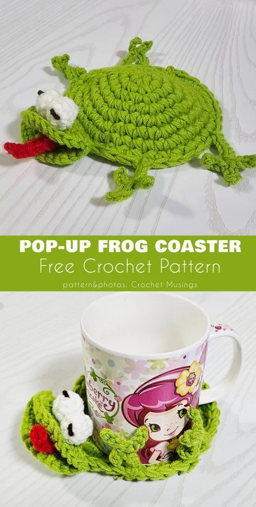 A green crocheted animal coaster designed as a pop-up frog is shown under a mug with an illustrated girl. Text reads "Pop-Up Frog Coaster Free Crochet Pattern.