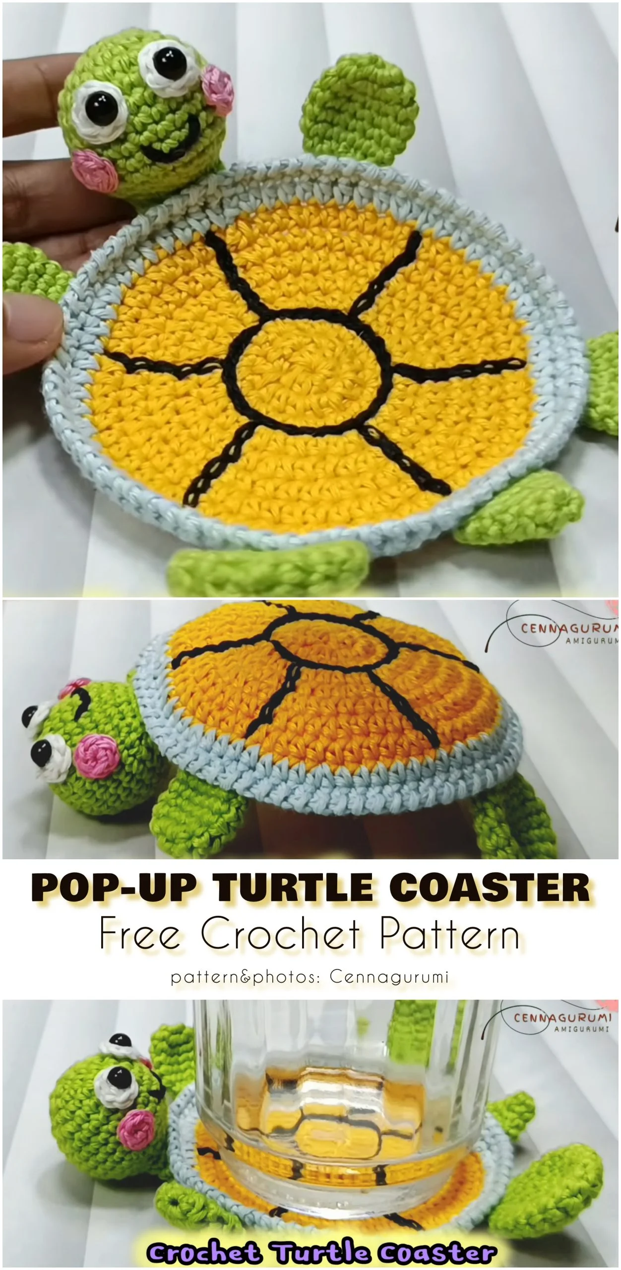 A handmade animal coaster, this crochet turtle features a yellow and orange shell with green head and limbs, shown holding a cup at different angles. Text reads "POP-UP TURTLE COASTER Free Crochet Pattern".