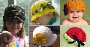 A collage of children wearing various crochet hats, including a baby, a child, and summer hats in different colors and designs, featuring decorative bows and flowers.
