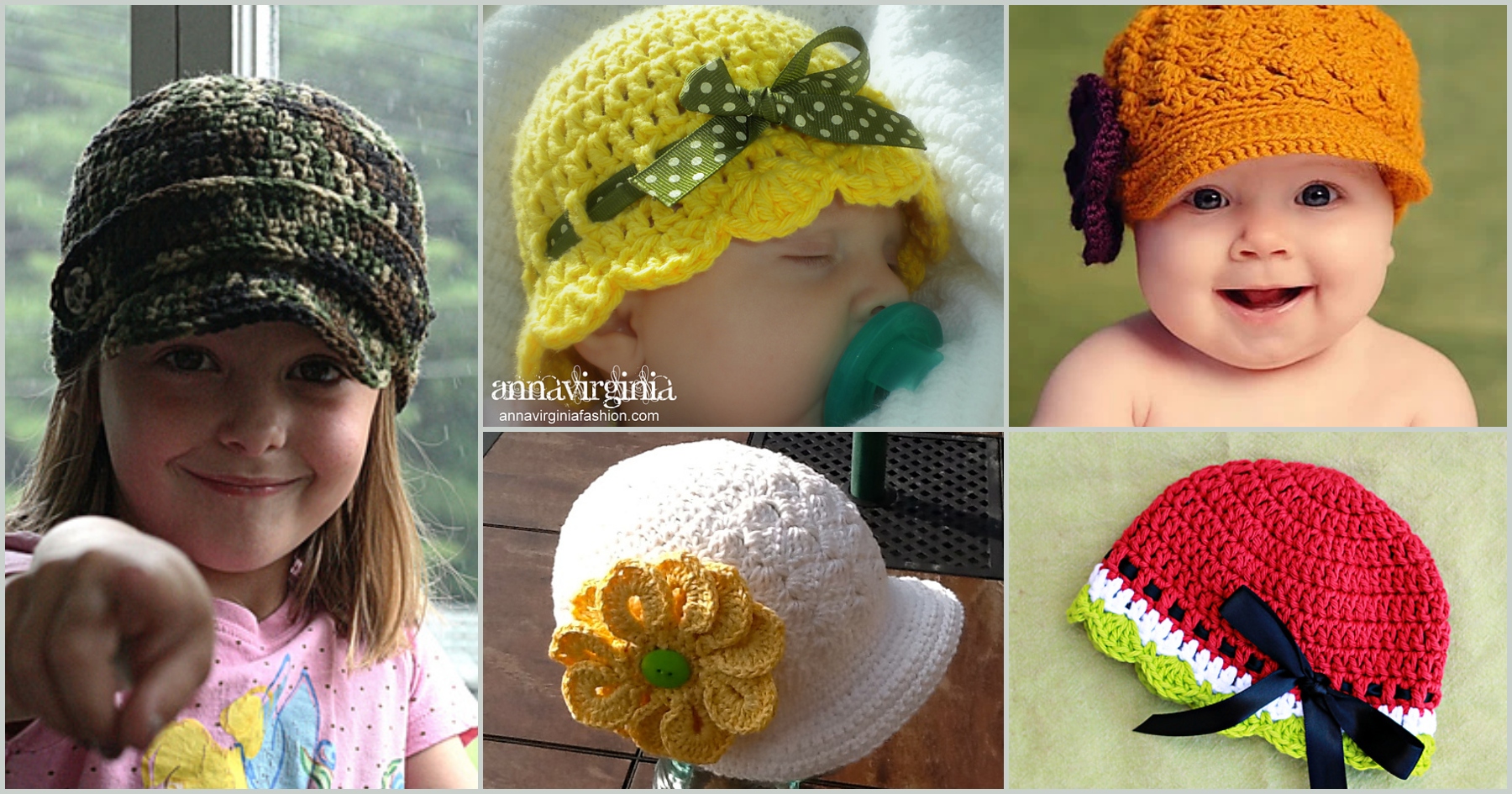 A collage of children wearing various crochet hats, including a baby, a child, and summer hats in different colors and designs, featuring decorative bows and flowers.