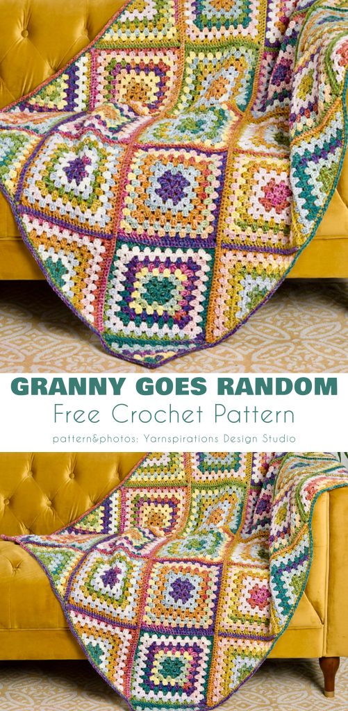 A modern granny blanket in vibrant multicolors is draped over a mustard yellow couch, with text highlighting a free crochet pattern.