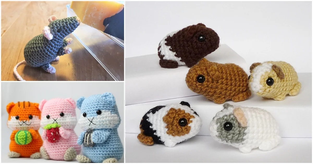 Crocheted animals, perfect for any small house pet enthusiast, feature a mouse by a candle, two guinea pigs on boxes, and three standing figures: a cat, bear, and another cat holding a fruit.