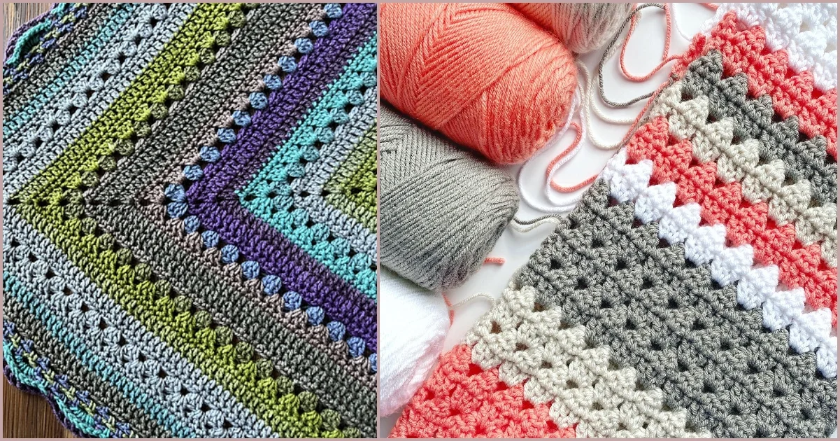 Modern granny blankets crocheted in a spectrum of colors, featuring yarn balls in vibrant orange, pink, gray, and white.