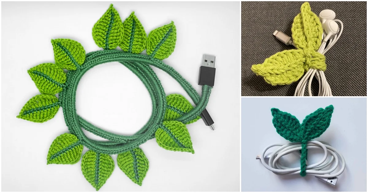 Crocheted cable organizers in green, artfully designed to resemble leaves, stylishly wrap around USB and headphone cables.