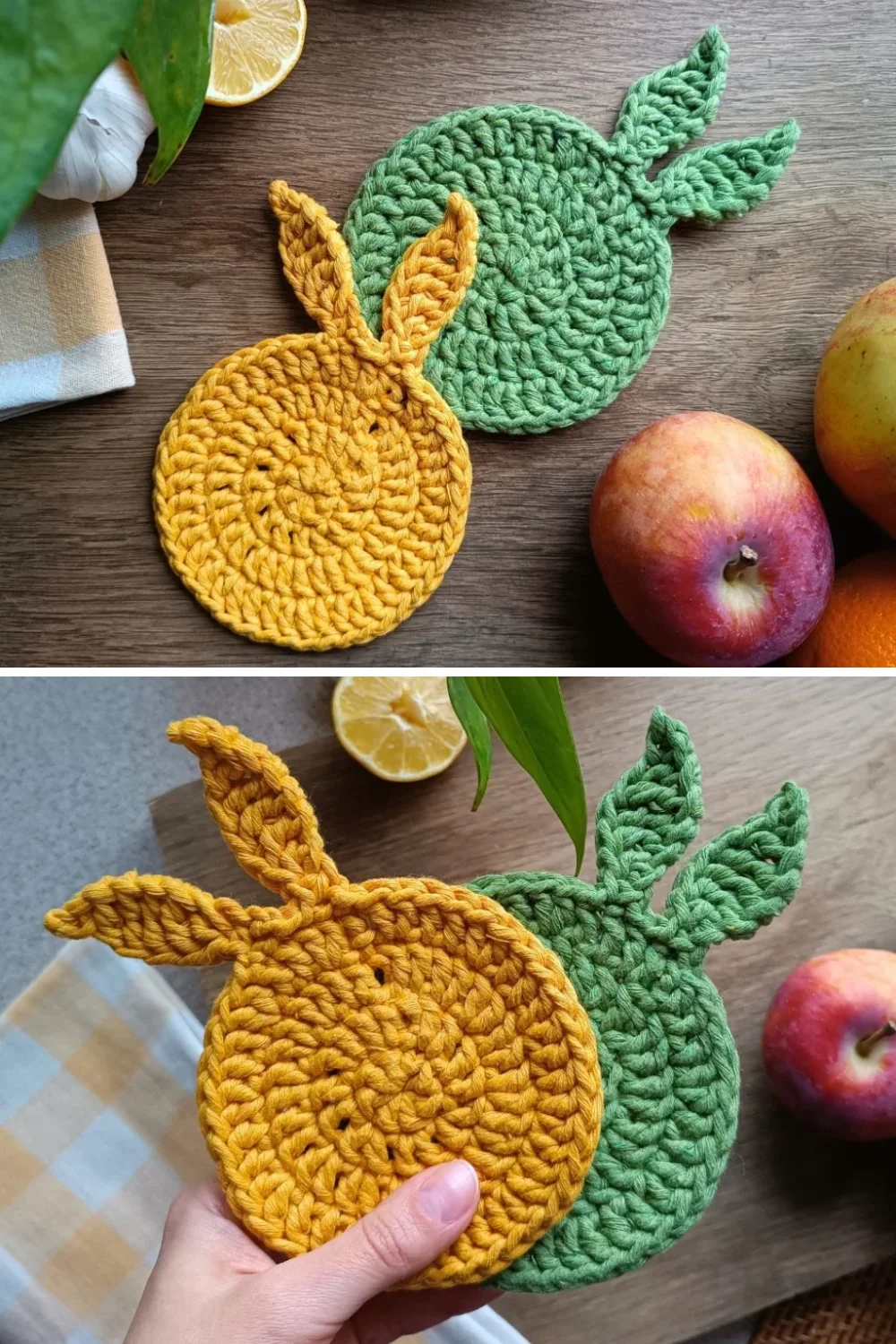 two crochet bunny coasters
