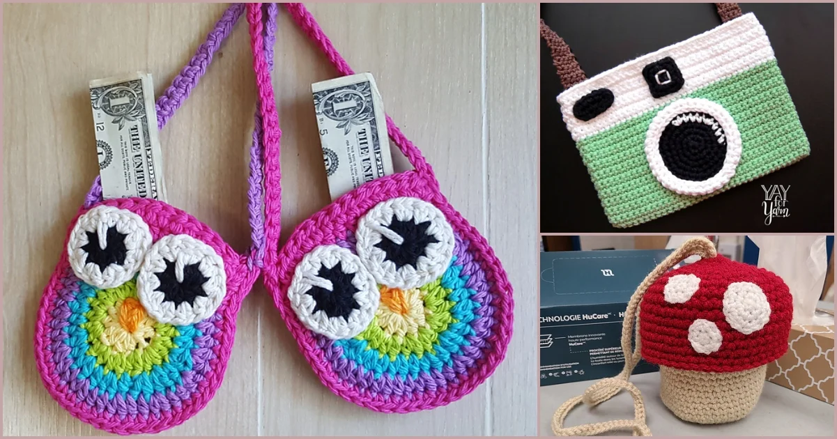 Crocheted items: two fun purses featuring owl designs with rainbow patterns holding cash, an owl camera bag, and a red mushroom-shaped bag.