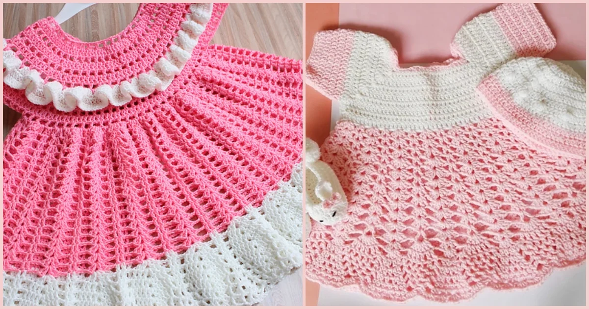 Two crocheted baby dresses in pink and white, displayed side by side. The left dress features a round collar reminiscent of a delicate pineapple baby dress; the right dress includes a matching hat.