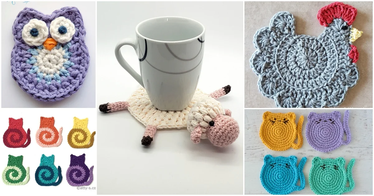 Crochet coasters in playful animal designs, such as an owl, chicken, colorful cats, and a sheep. A white mug rests on the charming sheep coaster, adding a whimsical touch to your table with these delightful animal coasters.