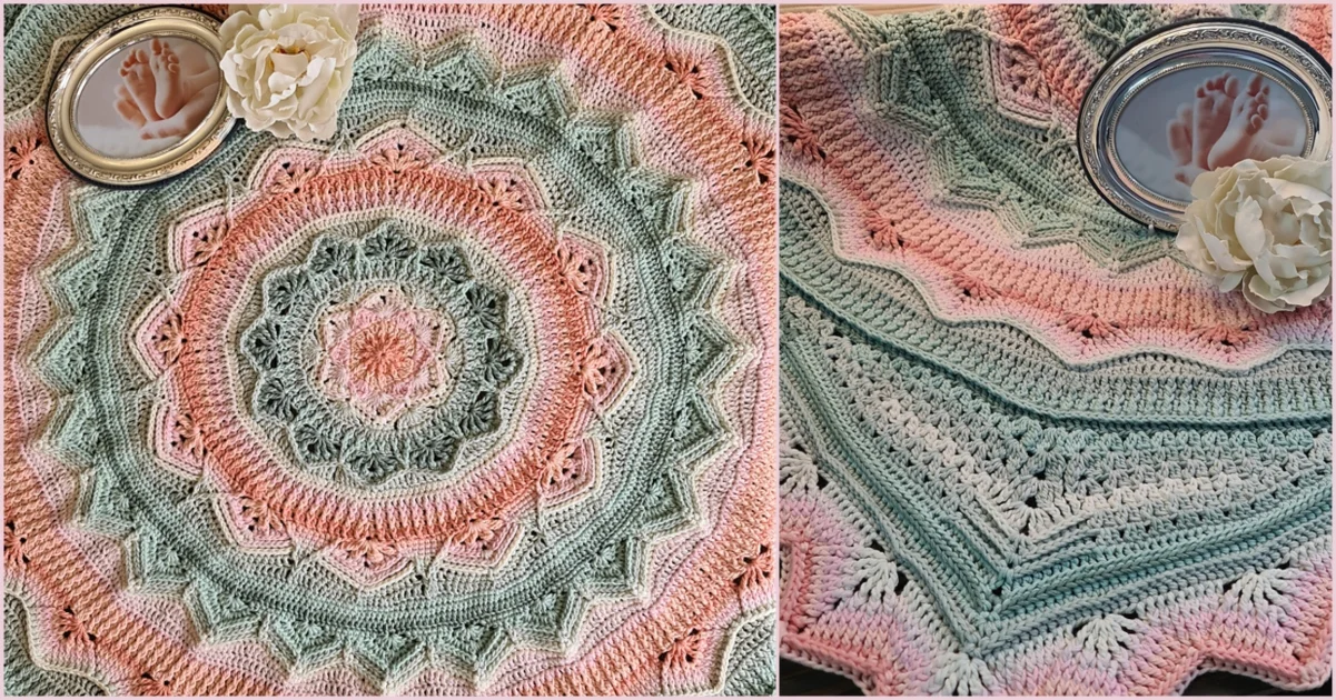 A summer baby blanket with intricate crochet patterns in pink, green, and white is displayed. It features floral motifs and is accompanied by a framed baby footprint and a white rose.