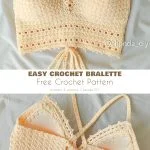 Crochet bralette showcasing a front view with a v-neckline and a back view with lace-up detail. Discover the crochet crop top pattern and enjoy crafting your own with the free design by Chenda_DIY.
