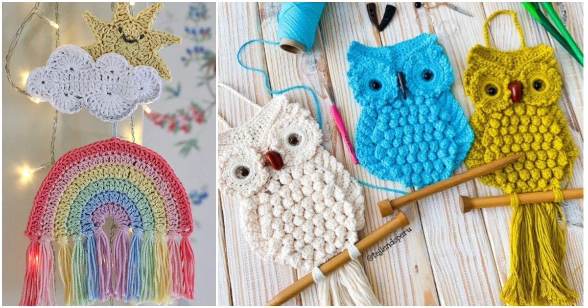 Discover the best wall hanger with our crocheted masterpieces: a cheerful cloud with a sun and rainbow on the left, alongside three adorable owls in blue, white, and yellow on the right, complete with crochet tools.