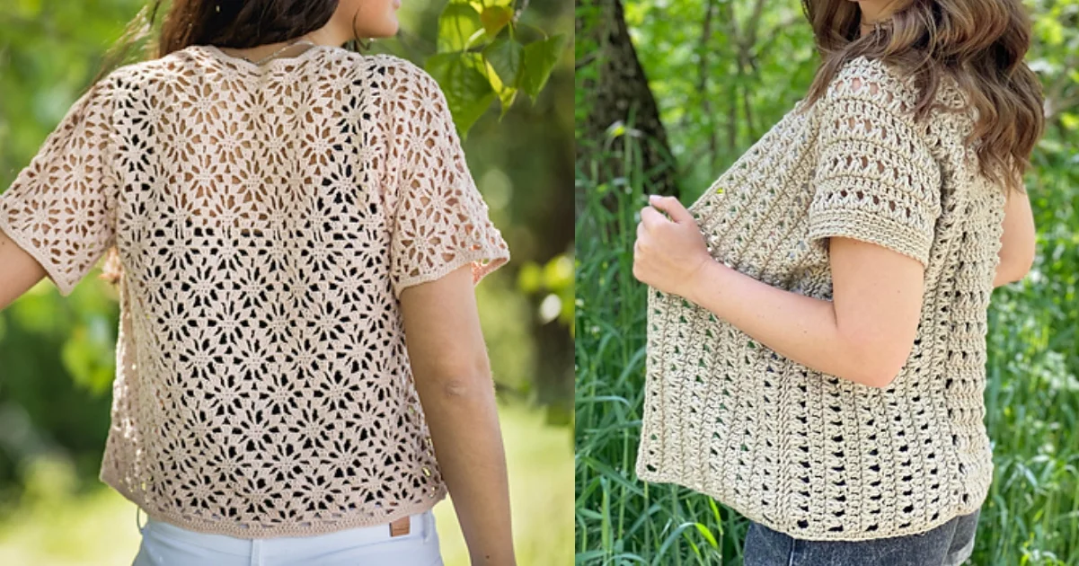 Two images showcase women wearing crochet tops in a natural, green outdoor setting. These summer cardigan-inspired pieces feature intricate patterns and short sleeves, perfect for warm weather.