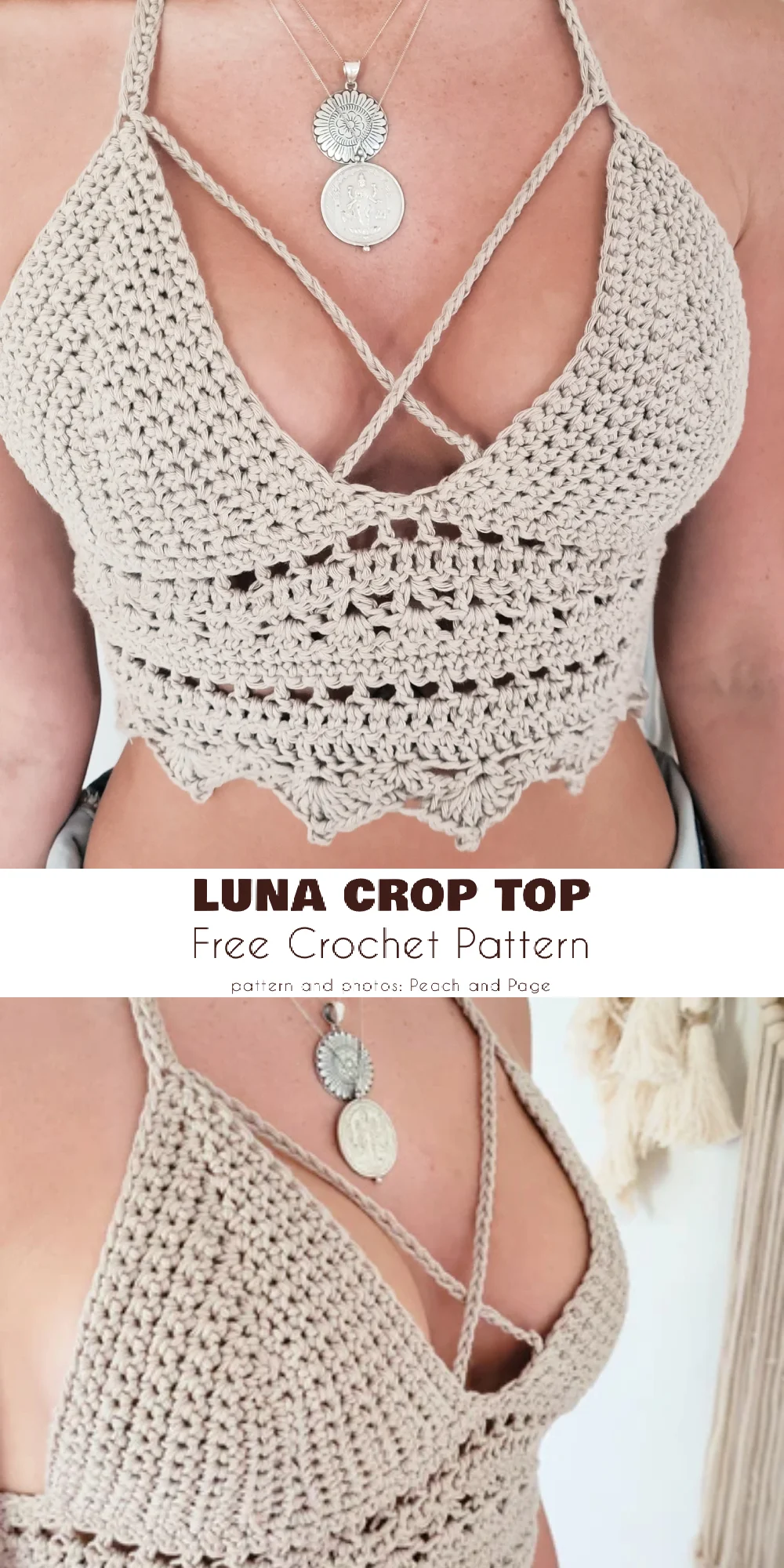 A woman is sporting a stylish crocheted crop top.