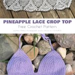 Displayed against a stone background are two crochet crop tops with intricate lace patterns, one in gray and the other in purple. With delicate tie straps and exquisite craftsmanship, they epitomize the art of crochet crop top patterns.