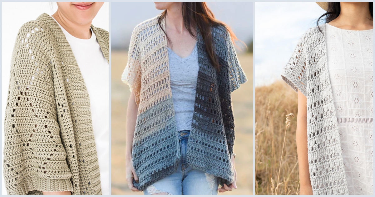 Three women wearing long crochet cardigans in different colors—green, gradient blue-grey, and light grey—drape them stylishly over their casual outfits.