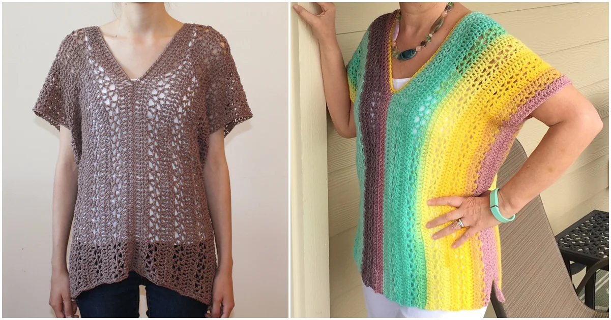 Two women don summer tunics: one in a brown crochet top with a V-neck and short sleeves, the other sporting multicolored stripes of purple, green, yellow, and white.