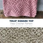 A crocheted pink tulip square crop top hangs against a wooden and concrete background, with a close-up showcasing the intricate details of the free crochet crop top pattern below.