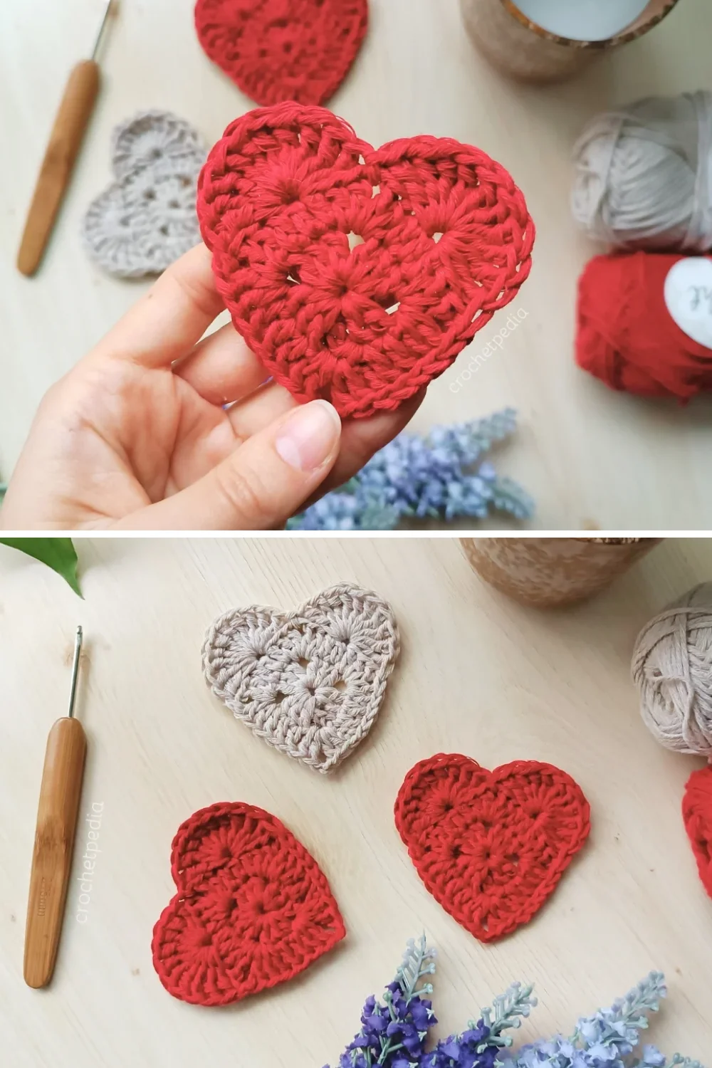a hand holding red crochet heart decor and three crochet hearts on a flat surface