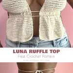 two pictures of a woman wearing white crochet top with ruffle