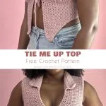 woman wearing pink crochet top with tie front
