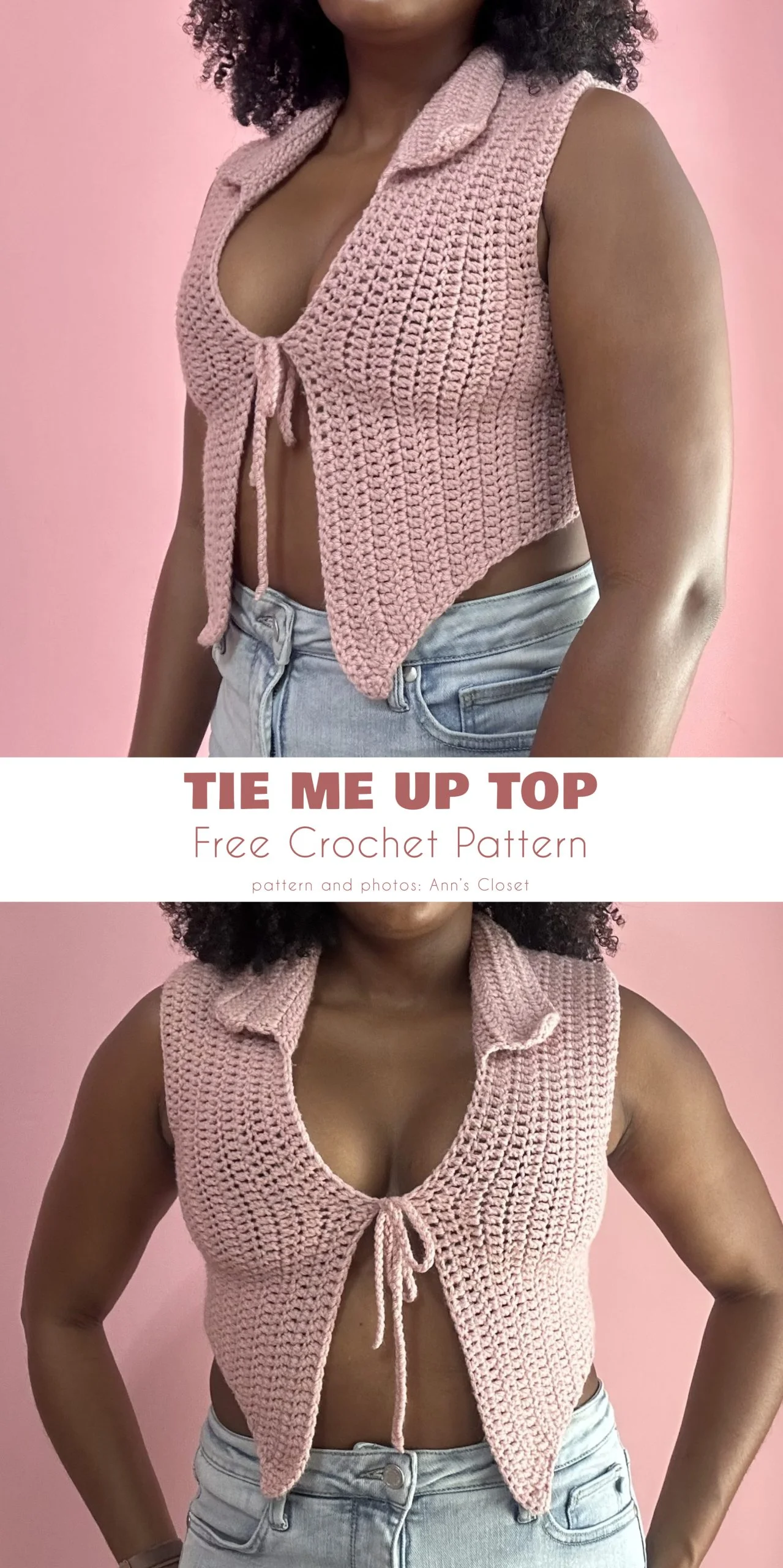 woman wearing pink crochet top with tie front